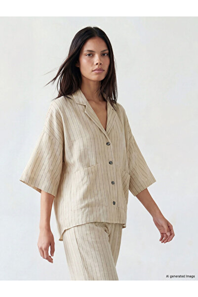 LC Waikiki Nevavm Striped Linen Women's Shirt Jacket with a Difference