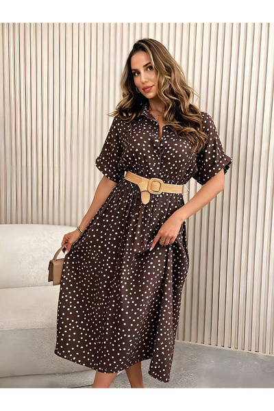 OEM Rochie midi dama cu buline, tip camasa, lejera si eleganta, cu maneca scurta