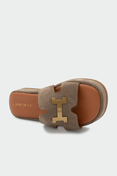 LAMİNTA Sergio Genuine Leather Women's Mink Slippers with Gold Accessories