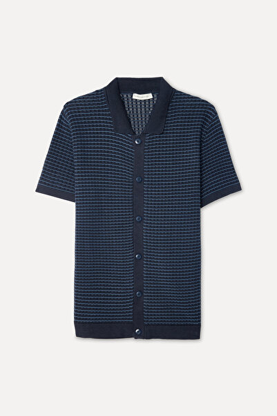 Mudo Men's Navy Blue Striped Polo Collar Short Sleeve Knitwear Cardigan