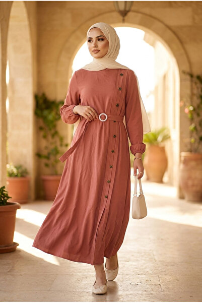 PALME D'OR Women's Modal Fabric Side Button Detailed Buckle Belted Hijab Dress