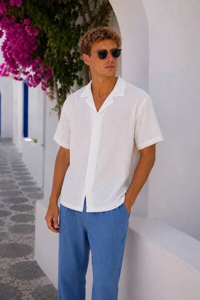 MADZEYMODA Men's Short Sleeve Muslin Shirt with Apaş Collar, Comfortable Fit,...