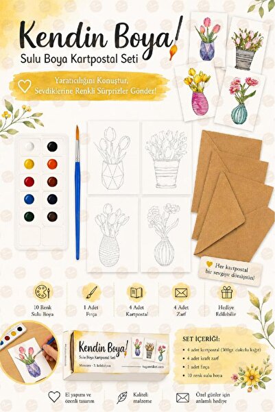 TUĞSET Kendin Boya Sulu Boya Kartpostal Seti 4 lü (Sulu Boya + Zarflar + Fırça + Kartpostallar)-T1587-