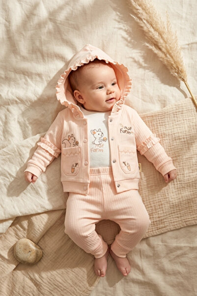 Babydonat Bebek Pudra Pembesi Fırfırlı Sincap Nakışlı 3'lü Takım - Pamuklu Ka...