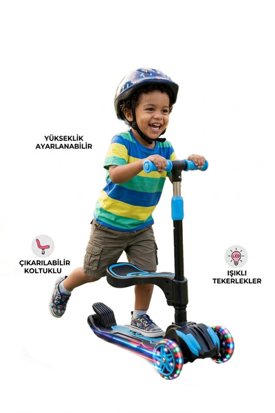 Ganjem Çocuk Scooter Mavi LED Işıklı Ayarlanabilir Oturmalı 3 Tekerlek 3-7 Yaş