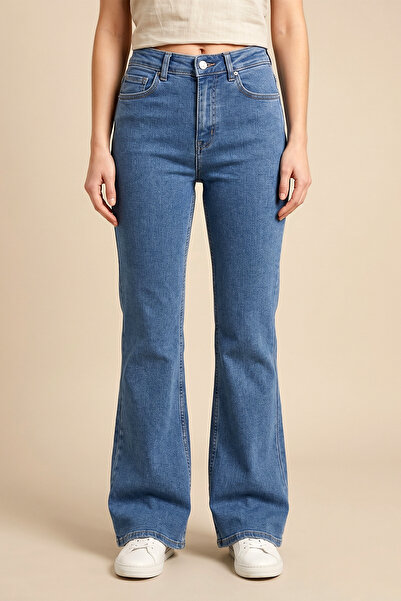 FERHEL Pantaloni de damă din denim lycra cu picior larg - Albastru deschis