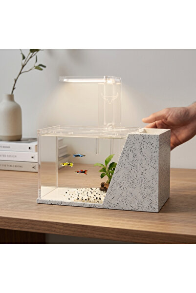MZ Slanted Acrylic Desktop Fish Tank White Marble Base Angled Nano Aquarium w...