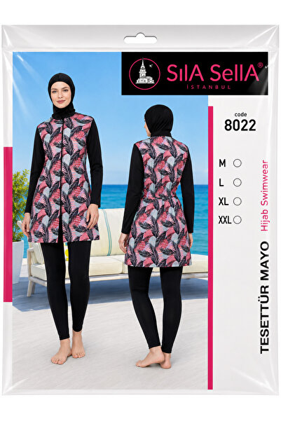 belpa Women's Leaf Patterned Full Covered Hijab Swimsuit Set Lycra Long Sleeve