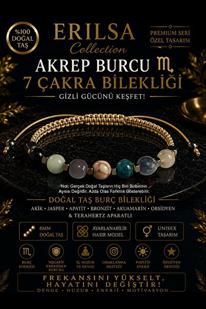 Erilsa Sertifikalı Akrep Burcu 7 Çakra Doğal Taş Bileklik - Ayarlamalı Unisex...
