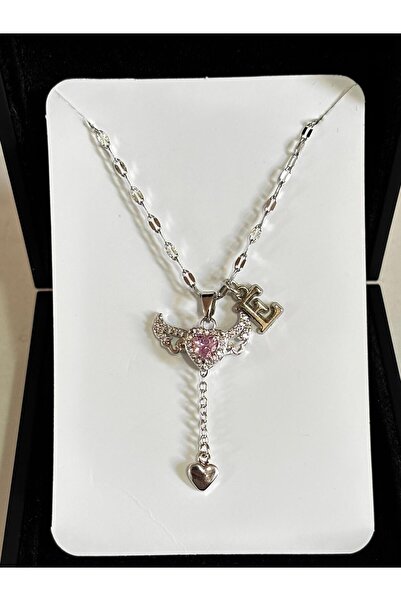 bijoux uniques çelik pembe kalpli melek kanadı harfli kolye