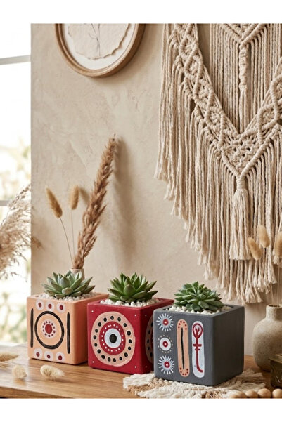 Çiçeva 3'lü Set El Yapımı Beton Taş Tozu Küp Saksı 9x9 cm - Drenajsız Sukulen...