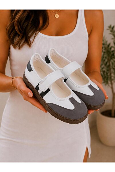 PLN SHOES Women's White Velcro Mary Jane Casual Sports Ballerina Shoes