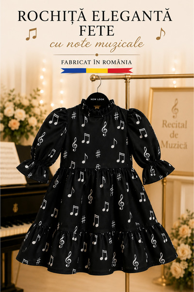 OEM Musical Notes Dress, 100% Cotton , Black, Made in Romania