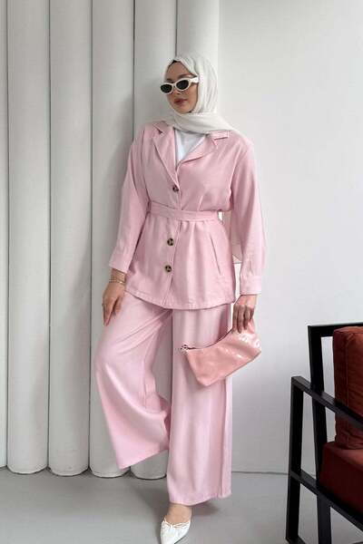 Modaensarbutik Oversize Ceket Pantolon Tesettür Takım-PEMBE