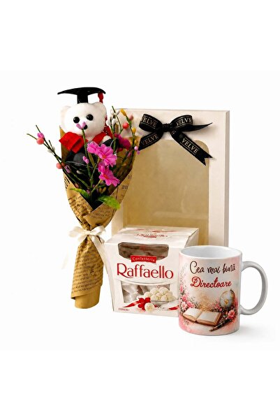 velve Set „Cea mai buna Directoare”,cana personalizata, minibuchet cu ursulet...