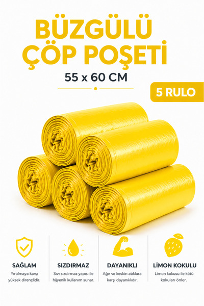 MSE HOLD Büzgülü Çöp Poşeti Limon Kokulu 55×60 cm Orta Boy 5 Rulo Dayanıklı S...