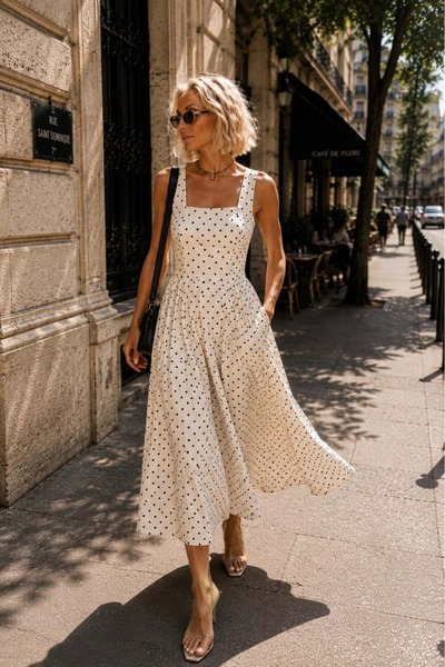 ibeeka Vintage Polka Dot Midi Dress with Waist Tie Detail
