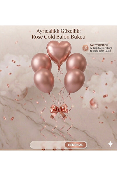 ÇAVUŞ E-TİCARET Rosegold Kalp Folyo Balon Seti ,Doğum Günü Seti,Parti Seti, S...