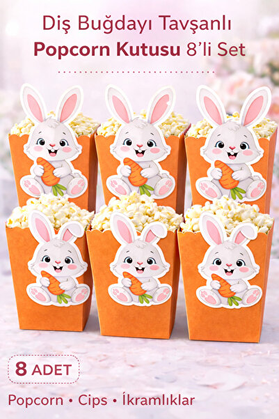 Parti Konsepti Diş Buğdayı Tavşanlı Popcorn Kutusu 8’li Set Renk Seçenekli İk...