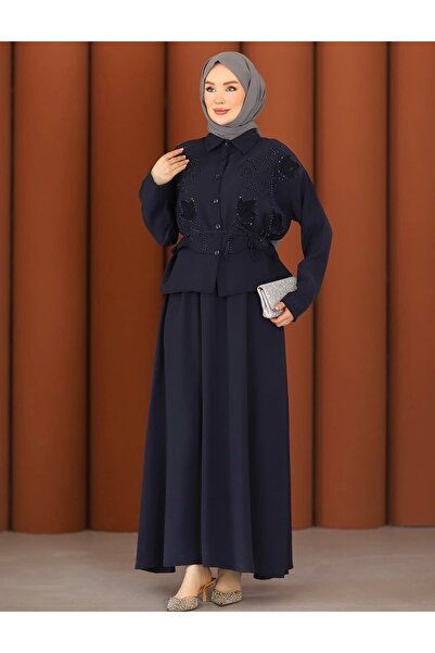 YAREN CLARA Women's Navy Blue Stone Embroidered Skirted Hijab Suit Yrn-22
