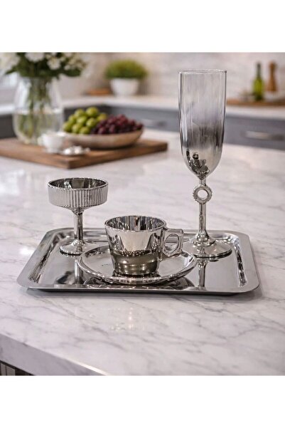 Ogeda Home Gümüş 2'li Kahve Yanı Su Bardağı-2'li Gümüş Lüks Kahve Yanı Su Bar...