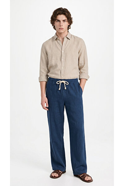 BADESSA Men's Navy Blue Comfortable Fit Linen Muslin Trousers Lightweight Cas...