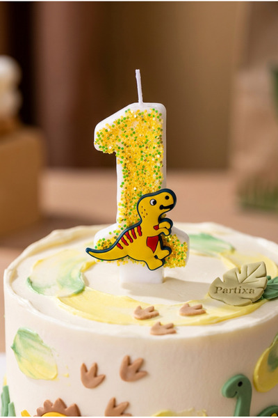 Partixa Dinozor Figürlü Sarı Simli Rakam Mum Doğum Günü Pasta Süsü
