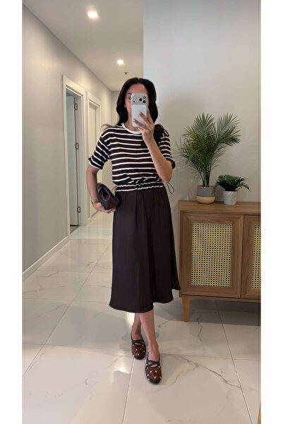 BİRCANÇİL Dusna Brown Striped Dress with Drawstring Detail