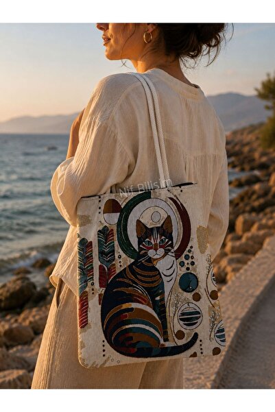Nif Bilişim Cat Figured Beach Bag Colorful Printed Patterned Fabric Large Siz...