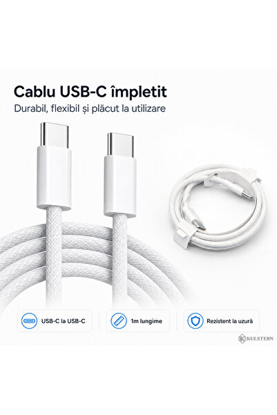 Kulstern Încărcător Rapid 35W USB-C pentru iPhone 15/16/17, Samsung S25/S24/S23, Cablu USB-C Împletit 1m Inclus, Fast Charge PD, Xiaomi, iPad, AirPods, Kulstern™