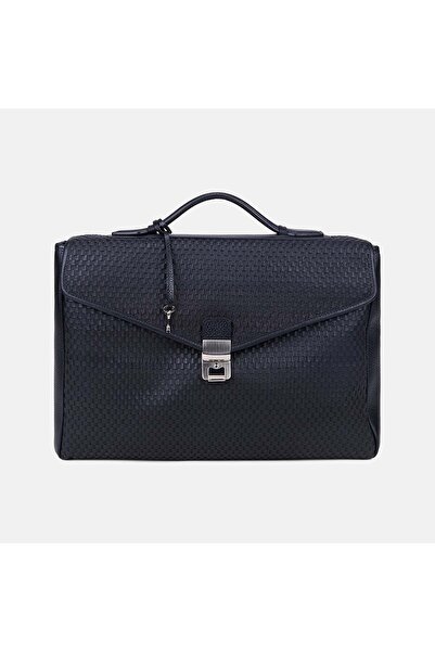 Desa Men's Black Knitted Patterned Leather Briefcase