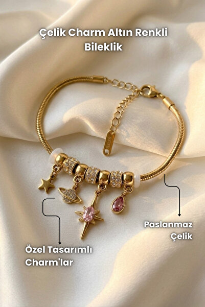 Elifsu Jewelry Çelik Charm Altın Renkli Bileklik