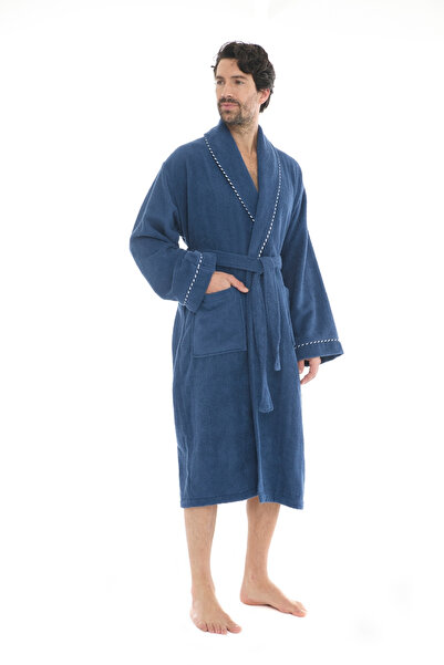 Seritaine Zeus Şalyaka Men's Bathrobe - Ribbed Light Navy Blue 100% Cotton