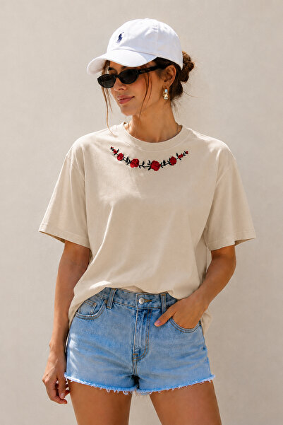 ArtYus Rose Collar Detail Printed Unisex Oversize T-Shirt – Cotton Crew Neck ...