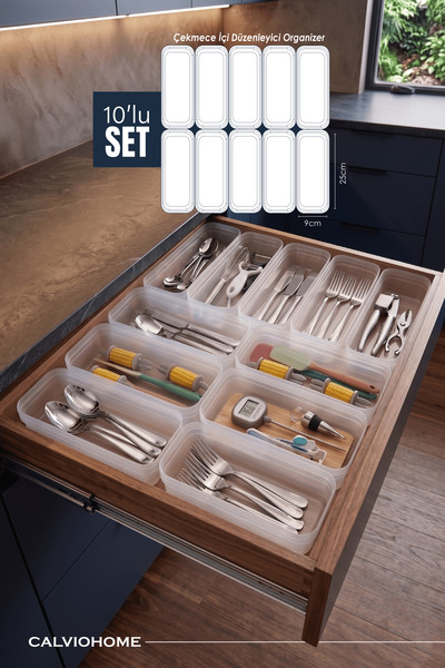 Calviohome 10'lu Modüler Set Kaşıklık Çekmece İçi Düzenleyici Çatal Kaşık Bıç...