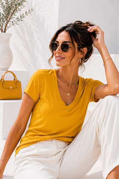 Rich Tricou de damă din viscoză, cu mânecă scurtă, decolteu în V, relaxat, de...