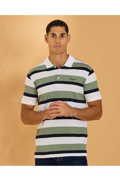 REDTAG Men Green and Black And Striped Polo Shirt