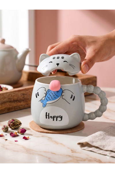 Bam Cute Cat Ceramic Mug with Lid and Spoon