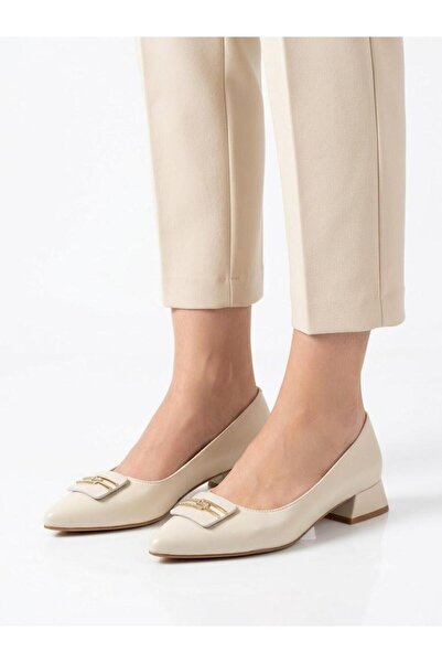 Lütfi Women's Cream Thick Heel Comfortable Fit Heeled Ballerina Shoes