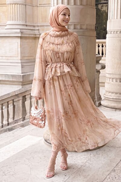 InStyle Set casual cu volane și imprimeu cu trandafiri uscați