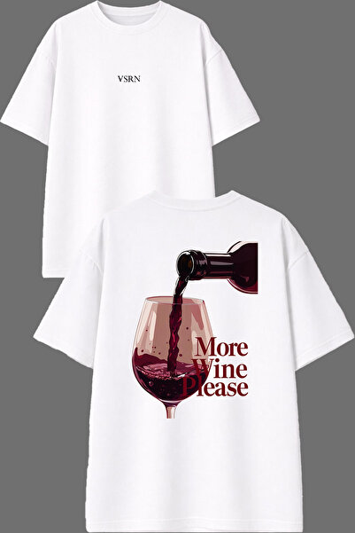 VSRN تي شيرت أبيض كبير الحجم مطبوع من الأمام والخلف بتصميم More Wine Please