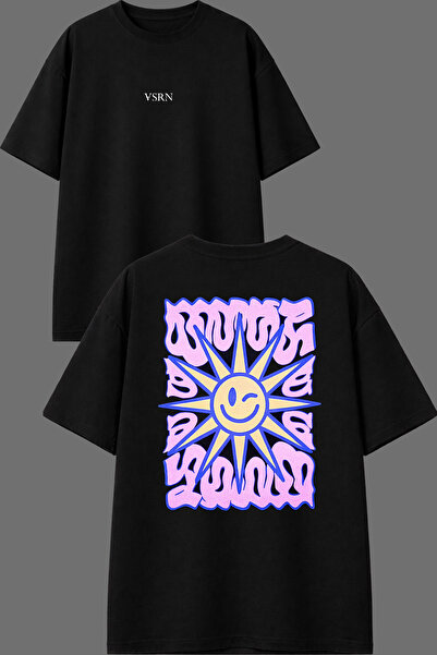 VSRN Sun Pink Design Front and Back Printed Black Oversize T-Shirt