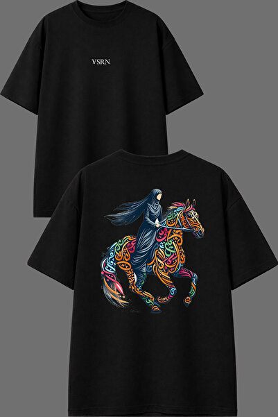 VSRN Yazılı At Tasarım Ön Arka Baskılı Siyah Oversize T shirt