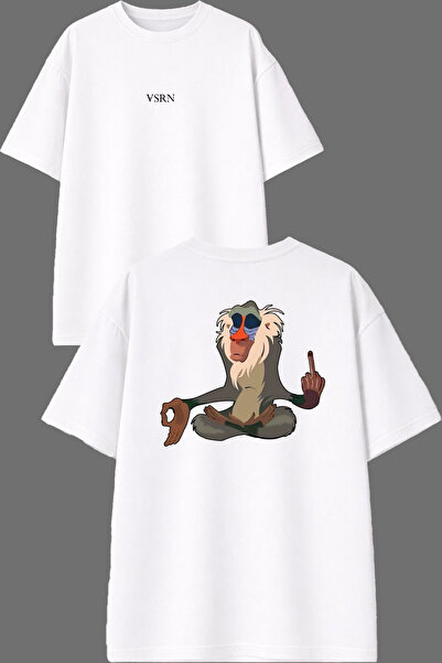 VSRN تي شيرت أبيض كبير الحجم بتصميم Sakin Monkey مطبوع من الأمام والخلف