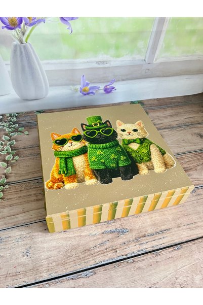 Bypinaryuksel Cat Patterned Wooden Jewelry Box, Multi-Purpose Box