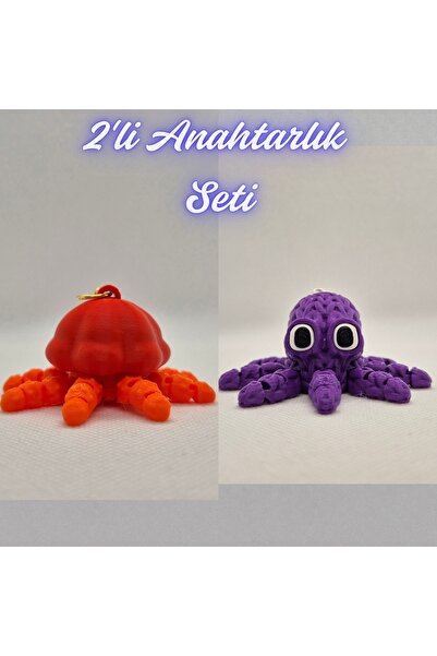 3DAtölyeMaker Orange Moving Jellyfish and Purple Knitted Pattern Octopus Keyc...