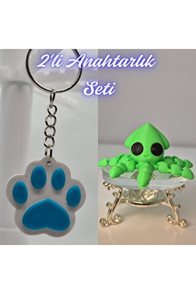 3DAtölyeMaker Light Blue Cat Paw and Light Green Squid Keychain