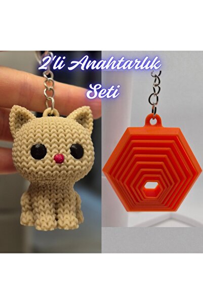 3DAtölyeMaker Cream Knitted Patterned Cat and Orange Moving Hexagonal Keychain