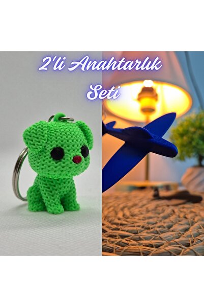 3DAtölyeMaker Light Green Knitted Patterned Dog and Blue Airplane Keychain