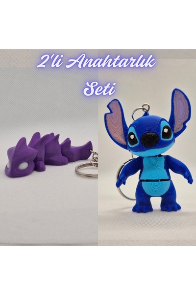 3DAtölyeMaker Purple Flexible Dragon and Blue Flexible Stitch Keychain
